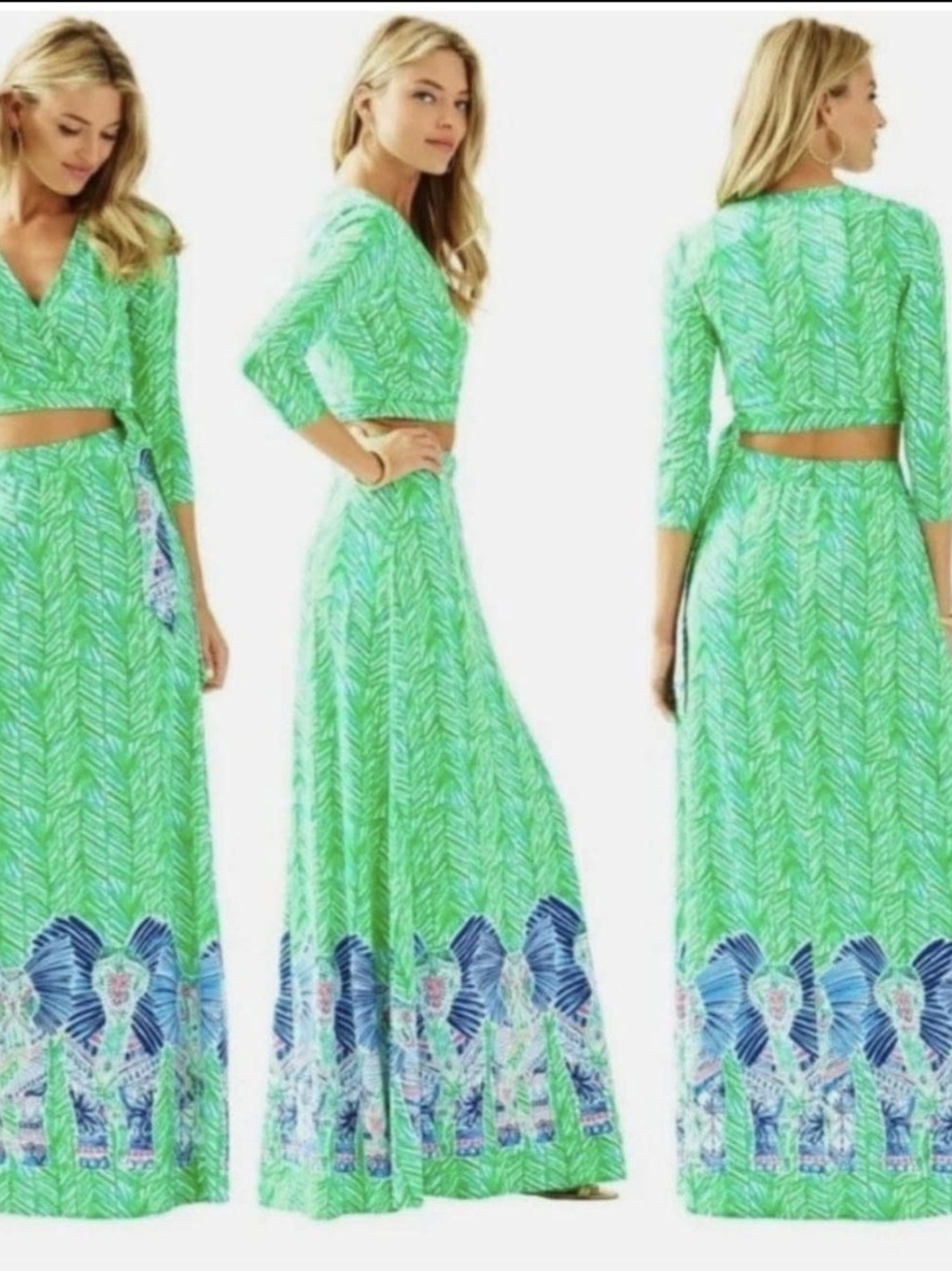 Lilly Pulitzer Ruari 2 Piece Crop Top Maxi Skirt Set Toucan Green Large